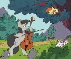 Size: 2070x1721 | Tagged: safe, artist:ponny, octavia melody, sweetie belle, earth pony, pegasus, pony, unicorn, g4, bow (instrument), bush, cello, cello bow, colored, foal, horn, in a tree, mountain, musical instrument, park, playing, tree, trio