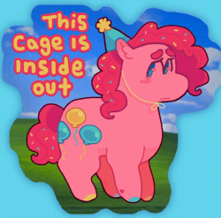Size: 600x592 | Tagged: safe, artist:ariariari.png, pinkie pie, earth pony, pony, g4, animated, bliss xp, dissonant caption, gif, hat, party hat, solo, text