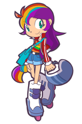 Size: 800x1200 | Tagged: safe, artist:rvceric, sunny starscout, human, equestria girls, g4, g5, bag, belt, belt buckle, clothes, cute, helmet, humanized, jacket, looking at you, mane stripe sunny, shirt, shorts, shoulder bag, simple background, skates, smiling, smiling at you, solo, stylized, sunnybetes, thin, white background