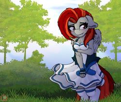 Size: 1280x1080 | Tagged: safe, artist:darbedarmoc, pegasus, anthro, blushing, clothes, female, forest, jacket, nature, skirt, solo, tree