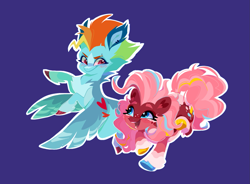 Size: 1471x1080 | Tagged: safe, artist:rr29578979, pinkie pie, rainbow dash, earth pony, pegasus, pony, g4, alternate design, alternate hairstyle, blaze (coat marking), blush lines, blush scribble, blushing, chest fluff, coat markings, colored eyebrows, colored hooves, colorful, duo, duo female, ear fluff, ear markings, ear piercing, eyebrow piercing, eyebrow slit, eyebrows, facial markings, feathered fetlocks, female, fetlock tuft, flapping wings, floating heart, flying, happy, heart, heart ears, heart eyes, hooves, looking at each other, looking at someone, mare, multicolored hair, multicolored mane, multicolored tail, open mouth, open smile, outline, pale belly, piercing, rainbow hair, rainbow tail, raised hoof, raised hooves, running, simple background, smiling, smiling at each other, smirk, socks (coat markings), spread wings, tail, violet background, white outline, wingding eyes, wings, wings down