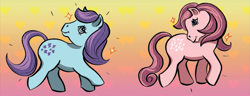 Size: 1277x488 | Tagged: safe, idw, blue belle, cotton candy (g1), earth pony, pony, g1, my little pony 40th anniversary special, spoiler:comic, duo, duo female, female, gradient background, heart, mare, smiling, sparkles