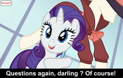 Size: 1920x1228 | Tagged: safe, edit, edited screencap, screencap, rarity, pony, unicorn, comic:celestia's servant interview, g4, rarity investigates, season 5, caption, clothes, costume, cs captions, female, hoof on chest, horn, image macro, interview, mare, shadow spade, smiling, solo, text