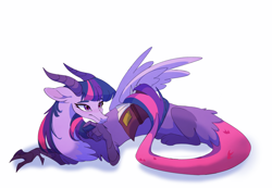 Size: 2598x1798 | Tagged: safe, artist:rr29578979, twilight sparkle, draconequus, g4, book, claws, colored horns, draconequified, female, lying down, open book, partially open wings, paws, prehensile tail, prone, reading, simple background, solo, species swap, tail, tail hold, twikonequus, two toned eyes, white background, wings