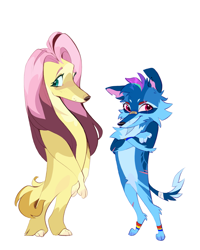 Size: 1399x1751 | Tagged: safe, artist:rr29578979, fluttershy, rainbow dash, dog, g4, afghan hound, bandage, bandaged tail, bandaid, bandaid on nose, bipedal, cheek fluff, chest fluff, coat markings, crossed arms, dogified, duo, duo female, ear piercing, earring, eye scar, facial scar, female, flutterdog, jewelry, leg band, pale belly, paws, piercing, rainbow dog, scar, simple background, socks (coat markings), species swap, tallershy, white background