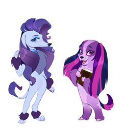Size: 1439x1495 | Tagged: safe, artist:rr29578979, rarity, twilight sparkle, dog, g4, bipedal, book, coat markings, collar, colored muzzle, cute, dogified, duo, duo female, eyeshadow, facial markings, female, gradient legs, makeup, open mouth, open smile, pale belly, paws, raridog, ruff, simple background, smiling, species swap, standing, star (coat marking), twilight barkle, white background