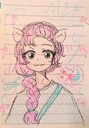 Size: 2518x3602 | Tagged: safe, artist:margaret-maggie, sunny starscout, human, g5, braid, braided ponytail, clothes, hair tie, humanized, lined paper, name, pony ears, ponytail, shirt, smiling, stars, t-shirt, traditional art