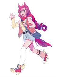 Size: 1620x2160 | Tagged: safe, artist:onion16011, sunny starscout, human, g5, bandage, boots, clothes, converse, detached sleeves, eared humanization, high heel boots, humanized, light skin, mismatched socks, open mouth, open smile, open vest, pony ears, running, satchel, shoes, simple background, smiling, socks, tail, tailed humanization, waving, waving at you, white background, wristband