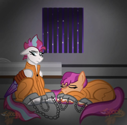 Size: 864x846 | Tagged: safe, artist:spookysnek, sunny starscout, zipp storm, g5, bound wings, clothes, commissioner:rainbowdash69, duo, duo female, female, jail, jail cell, jumpsuit, never doubt rainbowdash69's involvement, prison, prison cell, prison outfit, prisoner, prisoner ss, prisoner zipp, shackles, wings