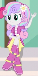 Size: 437x857 | Tagged: safe, artist:anonymous, edit, edited screencap, screencap, sweetie belle, human, equestria girls, g4, my little pony equestria girls: friendship games, /ptfg/, alternate design, alternate eye color, alternate hair color, alternate hairstyle, apple bloom's bow, bow, clothes, cropped, crossed legs, female, flower, flower in hair, hair bow, hairband, kinsona, sitting, smiling, solo