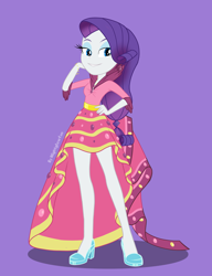Size: 2350x3058 | Tagged: safe, artist:nightglowfan, rarity, human, equestria girls, g4, clothes, dress, female, gala dress, hand on hip, purple background, simple background, solo
