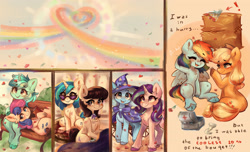 Size: 3958x2409 | Tagged: safe, artist:polnocnykot, derpibooru exclusive, applejack, bon bon, dj pon-3, lyra heartstrings, octavia melody, rainbow dash, starlight glimmer, sweetie drops, trixie, vinyl scratch, earth pony, pegasus, pony, unicorn, g4, 20% cooler, :3, ^^, adorable face, adorabon, applebetes, applejack's hat, bench, bipedal, blushing, book, bouquet, bouquet of flowers, bush, cheek fluff, chest fluff, comic, cowboy hat, cute, dashabetes, detailed, dialogue, ear fluff, eyebrows, eyebrows visible through hair, eyelashes, eyes closed, female, first aid kit, floating, floating heart, flower, flower in hair, gift giving, glasses, grass, great and powerful, group, hat, hay, haystack, heart, horn, illustration, impressed, leaves, lesbian, lidded eyes, looking back, looking up, love, lying down, lyrabetes, mare, medicine, meme, musical instrument, octavia's bowtie, on back, open mouth, open smile, patch, petals, piano, present, pride, pride month, pride ponies, rainbow, raised eyebrow, raised hoof, reading, rose, ship:appledash, ship:lyrabon, ship:startrix, shipping, shy, sitting, sitting lyra, sky, smiling, sonic rainboom, spread wings, standing, sunglasses, teeth, text, unshorn fetlocks, vinyl's glasses, wholesome, window, wings