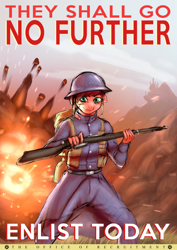 Size: 4968x7020 | Tagged: safe, artist:crazy water, artist:misstwipietwins, oc, oc only, anthro, equestria at war mod, blood, canterlot, caption, clothes, explosion, female, gun, helmet, image macro, mare, poster, propaganda, random pony, rifle, solo, text, uniform, war, weapon