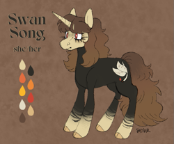 Size: 705x585 | Tagged: safe, artist:beyhr, part of a set, oc, oc only, oc:swan song (beyhr), pony, unicorn, abstract background, bald face, bangs, black coat, blaze (coat marking), brown mane, brown tail, cloven hooves, coat markings, color palette, colored ears, colored hooves, eyeshadow, facial markings, female, frown, hooves, horn, leg stripes, long mane, long tail, makeup, mare, no catchlights, oc redesign, red eyes, reference sheet, signature, socks (coat markings), solo, standing, stripes, tail, text, thick eyelashes, unicorn horn, unicorn oc, white pupils, yellow hooves