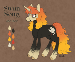 Size: 705x585 | Tagged: safe, artist:beyhr, part of a set, oc, oc only, oc:swan song (beyhr), pony, unicorn, abstract background, bald face, bangs, black coat, blaze (coat marking), cloven hooves, coat markings, color palette, colored ears, colored hooves, eyeshadow, facial markings, female, frown, gradient mane, gradient tail, hooves, horn, leg stripes, long mane, long tail, makeup, mare, no catchlights, oc redesign, red eyes, reference sheet, signature, socks (coat markings), solo, standing, stripes, tail, text, thick eyelashes, two toned mane, two toned tail, unicorn horn, unicorn oc, white pupils, yellow hooves
