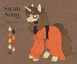 Size: 705x585 | Tagged: safe, alternate version, artist:beyhr, part of a set, oc, oc only, oc:swan song (beyhr), pony, unicorn, abstract background, bald face, bangs, belt, black coat, blaze (coat marking), brown mane, brown tail, clothes, cloven hooves, coat markings, color palette, colored ears, colored hooves, dress, eyeshadow, facial markings, female, floral necklace, flower, frown, hooves, horn, leg stripes, long mane, long tail, makeup, mare, no catchlights, oc redesign, orange dress, puffy sleeves, red eyes, reference sheet, signature, sleeved dress, socks (coat markings), solo, standing, stripes, tail, text, thick eyelashes, unicorn horn, unicorn oc, white pupils, yellow hooves