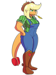 Size: 1000x1350 | Tagged: safe, artist:banco, applejack, ankylosaurus, dinosaur, anthro, plantigrade anthro, g4, clothes, crossover, dinosaurified, goodbye volcano high, overalls, simple background, snoot game, solo, species swap, straw in mouth, transparent background