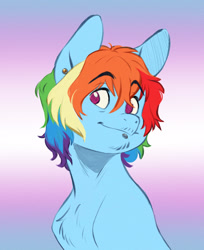 Size: 2048x2507 | Tagged: safe, artist:chub-wub, rainbow dash, pegasus, pony, g4, bangs, beard, blue coat, bust, chest fluff, colored, ear piercing, earring, eyebrows, eyebrows visible through hair, facial hair, flag background, gradient background, high res, jewelry, labret, lip piercing, looking away, male, multicolored hair, multicolored mane, no pupils, not rule 63, piercing, pink eyes, pride, pride flag, rainbow hair, requested art, shaggy mane, short hair rainbow dash, short mane, smiling, solo, stallion, trans male, trans rainbow dash, transgender, transgender pride flag, wingless