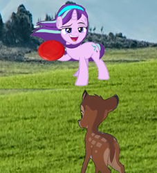 Size: 1228x1350 | Tagged: safe, edit, edited screencap, screencap, starlight glimmer, deer, pony, unicorn, g4, bambi, crossover, disney, frisbee, horn, solo