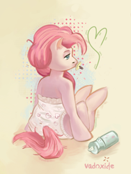 Size: 1920x2560 | Tagged: safe, artist:vadoxide, pinkie pie, earth pony, pony, g4, abdl, adult foal, baby bottle, clean diaper, diaper, diaper fetish, female, fetish, mare, non-baby in diaper, pacifier, sitting, solo, tail, tail hole
