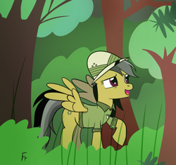 Size: 1955x1836 | Tagged: safe, artist:frownfactory, daring do, pegasus, pony, g4, atg 2024, clothes, female, forest, forest background, hat, jungle, mare, nature, newbie artist training grounds, open mouth, open smile, raised hoof, shirt, shirt with a collar, smiling, solo, spread wings, tree, wings
