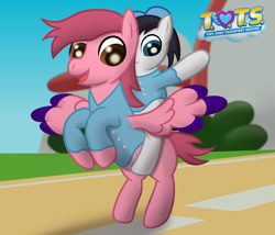 Size: 3100x2657 | Tagged: safe, artist:sweetielover, oc, oc only, earth pony, pegasus, pony, g4, atg 2024, bipedal, clothes, countryside, duo, hat, high res, logo, looking left, newbie artist training grounds, oc riding oc, ponies riding ponies, ponified, riding, riding a pony, sky, spread wings, standing, t.o.t.s., uniform, wings