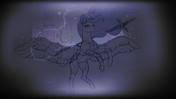 Size: 1920x1080 | Tagged: safe, artist:arareroll, princess luna, alicorn, pony, g4, female, magic, mare, signature, sketch, solo, spread wings, staff, valkyrie, wings