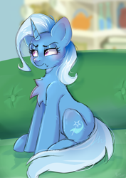 Size: 2150x3035 | Tagged: safe, artist:pozya1007, trixie, pony, unicorn, g4, angry, blushing, chest fluff, couch, cute, diatrixes, female, horn, madorable, mare, solo