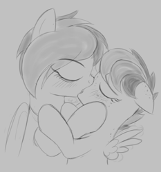 Size: 713x765 | Tagged: safe, artist:dtcx97, oc, oc only, oc:apogee, oc:delta vee, pegasus, pony, age difference, eyes closed, female, females only, filly, foal, incest, kissing, lesbian, mare, mare on filly, monochrome, mother and child, mother and daughter, wings