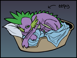Size: 668x504 | Tagged: safe, artist:expectationemesis, derpibooru exclusive, spike, dragon, g4, bed, blanket, claws, curled up, eepy, gradient background, male, older, older spike, one eye open, pillow, ribcage, ribs, scales, solo, spike's bed, teenage spike, teenaged dragon, teenager, tired