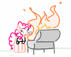 Size: 441x356 | Tagged: safe, artist:algoatall, pinkie pie, earth pony, pony, g4, animated, barbeque, female, fire, food, grill, mare, meme, mouth hold, pinktober, pinktober 2023, simple background, smiling, solo, spatula, this is fine, white background