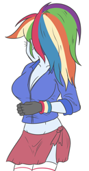 Size: 1513x2900 | Tagged: safe, artist:sumin6301, rainbow dash, human, equestria girls, g4, breasts, clothes, facing away, female, gloves, high res, jacket, simple background, socks, solo, striped socks, white background