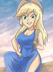 Size: 2150x2900 | Tagged: safe, artist:sumin6301, applejack, human, equestria girls, g4, 2d, applejack's hat, breasts, busty applejack, cleavage, clothes, cowboy hat, dress, female, grin, hat, high res, looking at you, loose hair, rope, sleeveless, sleeveless dress, smiling, smiling at you, solo