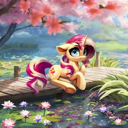 Size: 3300x3300 | Tagged: safe, artist:allegrenix, sunset shimmer, pony, unicorn, g4, female, flower, frog (hoof), horn, lake, lilypad, looking at you, lying down, mare, pier, pond, prone, smiling, smiling at you, solo, tree, underhoof, water