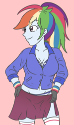 Size: 1734x2900 | Tagged: safe, artist:sumin6301, rainbow dash, human, equestria girls, g4, belly button, bra, breasts, busty rainbow dash, clothes, ear, eyebrows, eyebrows visible through hair, eyelashes, female, gloves, hand on hip, high res, jacket, looking sideways, multicolored hair, panties, pink background, ponytail, simple background, skirt, skirt pull, smiling, socks, solo, striped bra, striped panties, striped socks, striped underwear, underwear