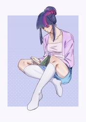 Size: 2150x3035 | Tagged: safe, artist:xiaopihai019, twilight sparkle, human, g4, clothes, feet, female, humanized, sitting, socks, solo, stocking feet, thin