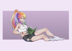 Size: 3035x2150 | Tagged: safe, artist:xiaopihai019, rainbow dash, human, g4, book, breasts, clothes, feet, female, fit, gradient background, humanized, midriff, missing shoes, reading, reading rainbow, slender, socks, solo, stocking feet, thin