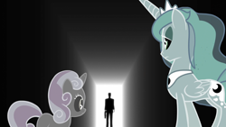 Size: 1600x900 | Tagged: safe, edit, edited screencap, screencap, princess luna, sweetie belle, alicorn, pony, unicorn, for whom the sweetie belle toils, g4, season 4, crossover, g-man, half-life, horn, inverted colors, meme, ominous