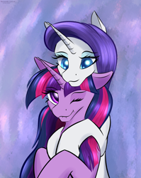 Size: 1710x2152 | Tagged: safe, artist:renarde-louve, rarity, twilight sparkle, unicorn, g4, duo, duo female, female, horn, hug, lesbian, mare, ship:rarilight, shipping