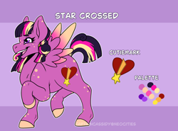 Size: 2320x1714 | Tagged: safe, artist:captaincassidy, oc, oc:star crossed, pegasus, g4, big ears, braces, chubby, colored wings, curly mane, freckles, gradient wings, grin, happy, hooves, pegasus oc, purple coat, purple eyes, purple mane, raised hoof, raised leg, reference, reference sheet, smiling, three toned mane, wings