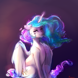 Size: 4000x4000 | Tagged: safe, artist:miokomata, princess celestia, alicorn, pony, g4, absurd resolution, candy, female, floppy ears, food, gradient background, heart, lidded eyes, lollipop, looking at you, mare, missing accessory, partially open wings, sitting, smiling, smiling at you, solo, wings