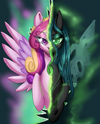 Size: 3000x3700 | Tagged: safe, artist:floralshitpost, princess cadance, queen chrysalis, alicorn, changeling, changeling queen, g4, bedroom eyes, disguise, disguised changeling, eyelashes, fake cadance, female, lidded eyes, long tongue, magic, seductive, seductive look, seductive pose, sexy, spread wings, stupid sexy chrysalis, stupid sexy princess cadance, tongue out, wings