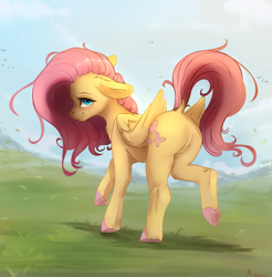 Size: 3174x3231 | Tagged: safe, artist:miokomata, fluttershy, pegasus, pony, g4, butt, colored hooves, dock, female, floppy ears, flutterbutt, freckles, freckleshy, high res, hooves, looking at you, looking back, looking back at you, mare, plot, smiling, smiling at you, solo, standing on two hooves, tail