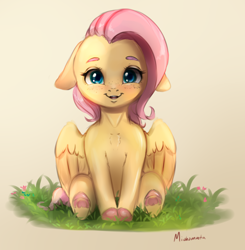 Size: 3248x3320 | Tagged: safe, artist:miokomata, fluttershy, pegasus, pony, g4, chest fluff, colored eyebrows, colored hooves, cute, female, floppy ears, freckles, freckleshy, frog (hoof), front view, gradient background, grass, high res, hooves, looking at you, mare, open mouth, open smile, partially open wings, shyabetes, signature, sitting, smiling, smiling at you, solo, underhoof, weapons-grade cute, wings