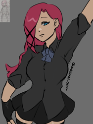 Size: 3072x4096 | Tagged: safe, artist:metaruscarlet, pinkie pie, human, g4, alternate hairstyle, black shirt, black socks, braid, breasts, clothes, gloves, gray background, humanized, one eye covered, pinkamena diane pie, redraw, reference, school uniform, shirt, simple background, skirt, socks, solo