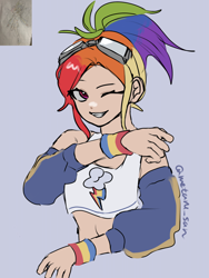 Size: 3072x4096 | Tagged: safe, artist:metaruscarlet, rainbow dash, human, g4, belly, blue background, bracelet, clothes, cutie mark on clothes, humanized, jewelry, looking at you, multicolored hair, one eye closed, one eye open, rainbow hair, redraw, reference, simple background, smiling, smiling at you, solo, tied up, wink, winking at you