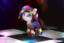 Size: 2400x1600 | Tagged: safe, artist:darksly, doll pony, earth pony, object pony, original species, pony, animate object, atg 2024, doll, female, hat, jester, jester hat, jester outfit, living doll, mare, newbie artist training grounds, pomni, ponified, ponmi, solo, the amazing digital circus