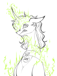 Size: 1500x2000 | Tagged: safe, alternate version, artist:jehr, oc, oc only, oc:jay_prime, changeling, pony, unicorn, angry, changeling oc, collar, commission, disguise, disguised changeling, duality, ear fluff, ears back, evil, fire, fluffy hair, green fire, green magic, horn, horror, jewelry, lineart, long ears, long neck, long pony, looking at you, magic, male, medallion, monochrome, necklace, scary, sharp teeth, simple background, solo, sparkles, stallion, straight, tall, teeth, transformation, white background, wip