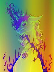 Size: 1500x2000 | Tagged: safe, alternate version, artist:jehr, oc, oc only, oc:jay_prime, changeling, pony, unicorn, acid, acid trip, angry, blue fire, changeling oc, collar, colored, commission, disguise, disguised changeling, duality, ear fluff, ears back, evil, fire, fluffy hair, glowing, glowing horn, gradient background, horn, horror, jewelry, lineart, long ears, long neck, long pony, looking at you, magic, male, medallion, necklace, neon, pink fire, purple eyes, purple fire, rainbow, scary, sharp teeth, solo, sparkles, stallion, straight, tall, teeth, transformation