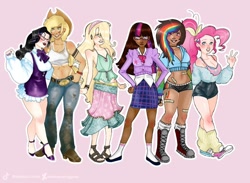 Size: 1106x811 | Tagged: safe, artist:iridescentglow, applejack, fluttershy, pinkie pie, rainbow dash, rarity, twilight sparkle, human, g4, :p, abs, alternate hairstyle, applejack's hat, bandaid, belly button, belt, blushing, boots, bracelet, breasts, cardigan, choker, clothes, converse, cowboy boots, cowboy hat, dark skin, dirt, dirty, dress, ear piercing, earring, feet, female, fingerless gloves, flats, freckles, glasses, gloves, grin, hairband, hat, high heels, hoodie, hug, humanized, jewelry, leg warmers, lesbian, lip piercing, lipstick, looking at each other, looking at someone, makeup, mane six, midriff, mud, muscles, nail polish, natural hair color, piercing, pink background, sandals, ship:rarijack, shipping, shirt, shoes, shorts, simple background, size difference, smiling, snake bites, socks, tattoo, tongue out, wall of tags